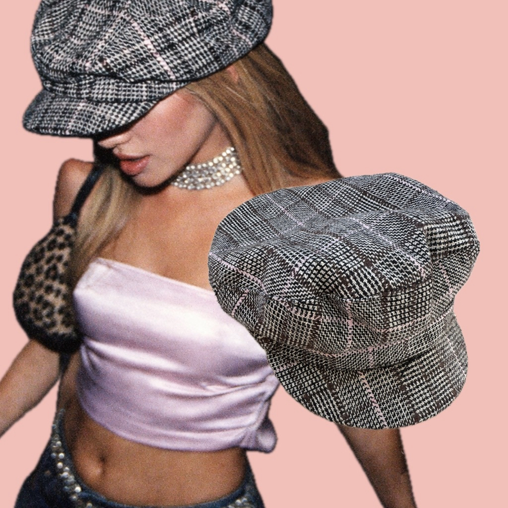 Dotti Y2K Tweed Wool Blend Newsboy Hat Brown Plaid Vintage Style